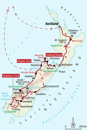 Reiseroute der Trekkingreise durch Neuseeland von der Süd- zur Nordinsel, mit Routeburn Track, Heaphy Track & Abel Tasman NP.