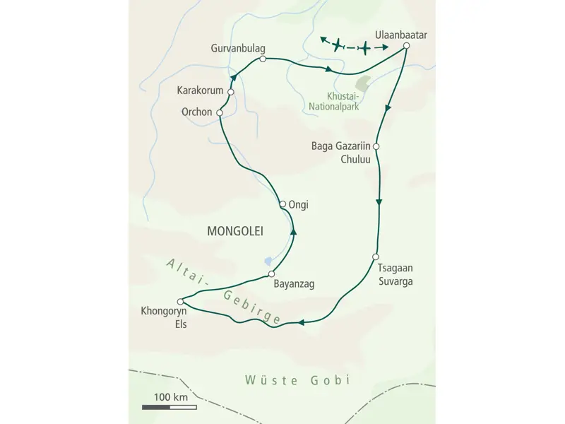 Karte der Hauser Wanderreise in der Mongolei: Rundreise ab Ulaanbaatar durch die Wüste Gobi, das Altai-Gebirge und Karakorum.