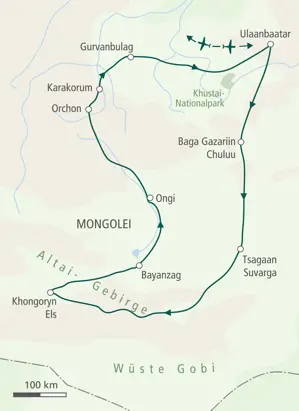 Karte der Hauser Wanderreise in der Mongolei: Rundreise ab Ulaanbaatar durch die Wüste Gobi, das Altai-Gebirge und Karakorum.
