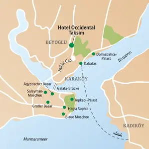 Übersichtskarte der Studiosus-Studienreise in Istanbul mit Highlights wie Hagia Sophia, Blaue Moschee und Topkapi-Palast am Bosporus.