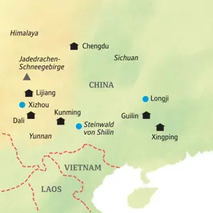 Karte der Kleingruppenreise in Südchina durch Yunnan und Sichuan mit Route von Guilin über Dali, Lijiang nach Chengdu.