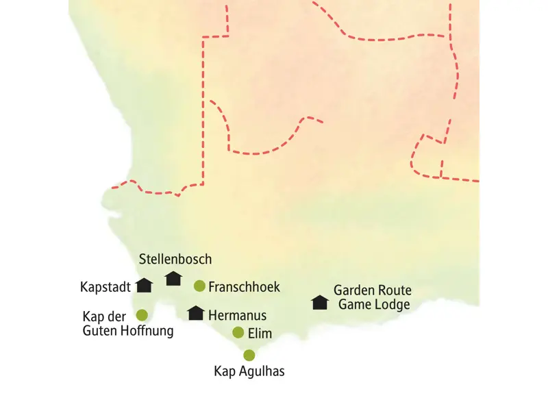 Karte der Kleingruppenreise in Südafrika von Kapstadt über die Garden Route und Hermanus nach Stellenbosch.