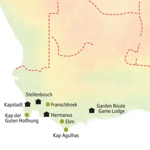 Karte der Kleingruppenreise in Südafrika von Kapstadt über die Garden Route und Hermanus nach Stellenbosch.
