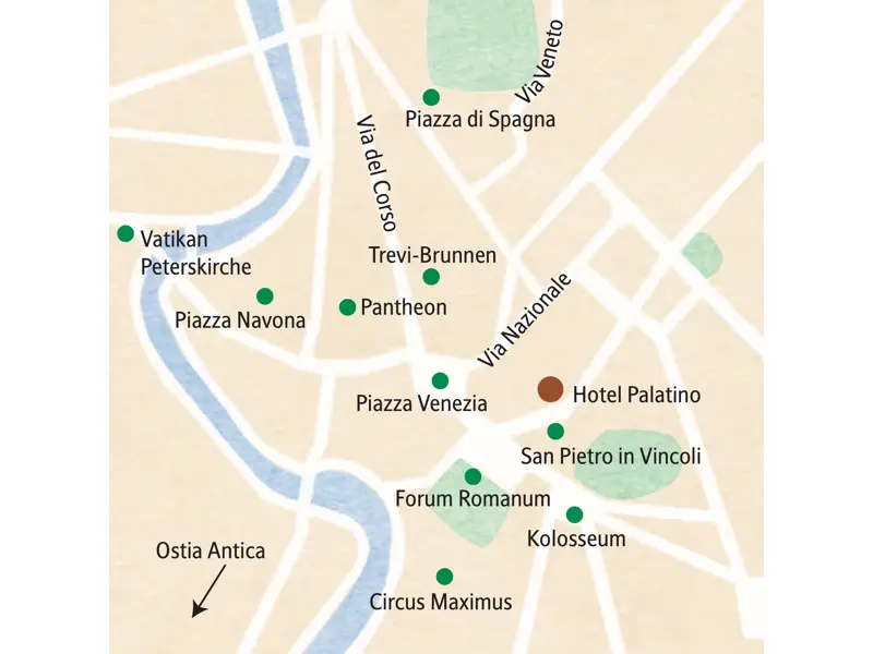 Karte der Studiosus Familienreise in Rom: Hotel Palatino, Kolosseum, Forum Romanum, Pantheon und Peterskirche.