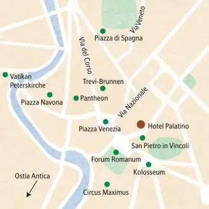 Karte der Studiosus Familienreise in Rom: Hotel Palatino, Kolosseum, Forum Romanum, Pantheon und Peterskirche.