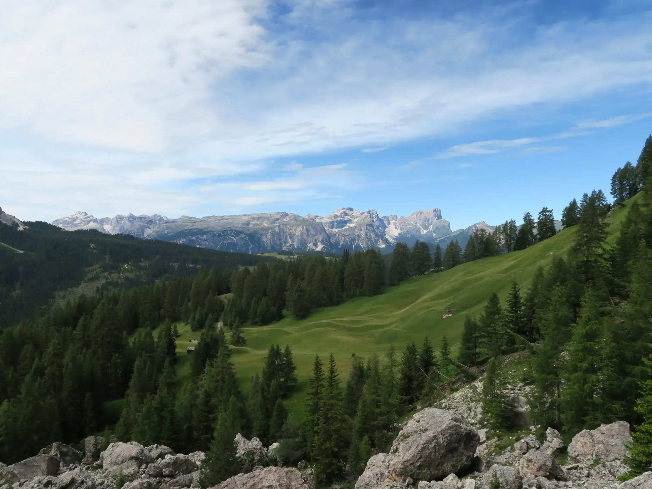Weitblick von einem Wanderweg in Südtirol über grüne Almwiesen und Wälder auf das zerklüftete Bergpanorama der Dolomiten.
