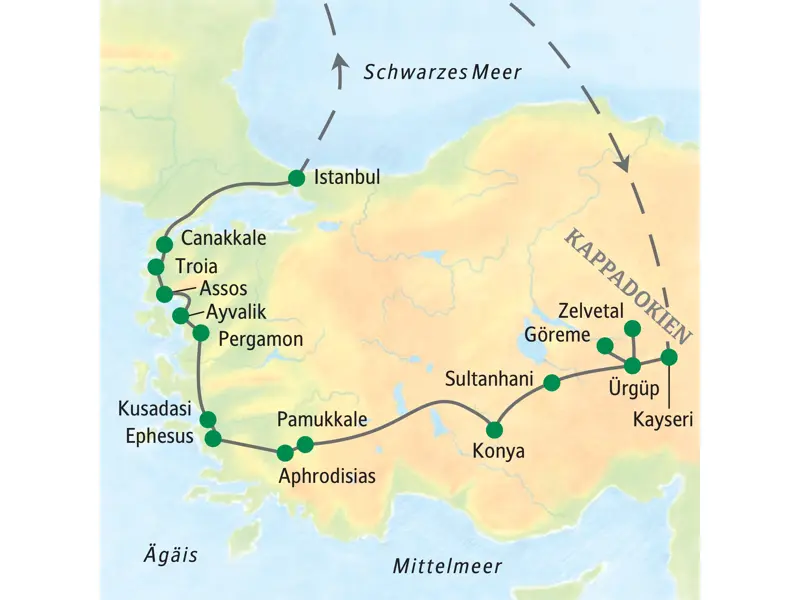 Karte der Türkei-Studienreise mit der Route von Kappadokien über Konya, Pamukkale, Ephesus, Pergamon und Troia nach Istanbul.
