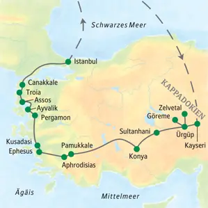 Karte der Türkei-Studienreise mit der Route von Kappadokien über Konya, Pamukkale, Ephesus, Pergamon und Troia nach Istanbul.