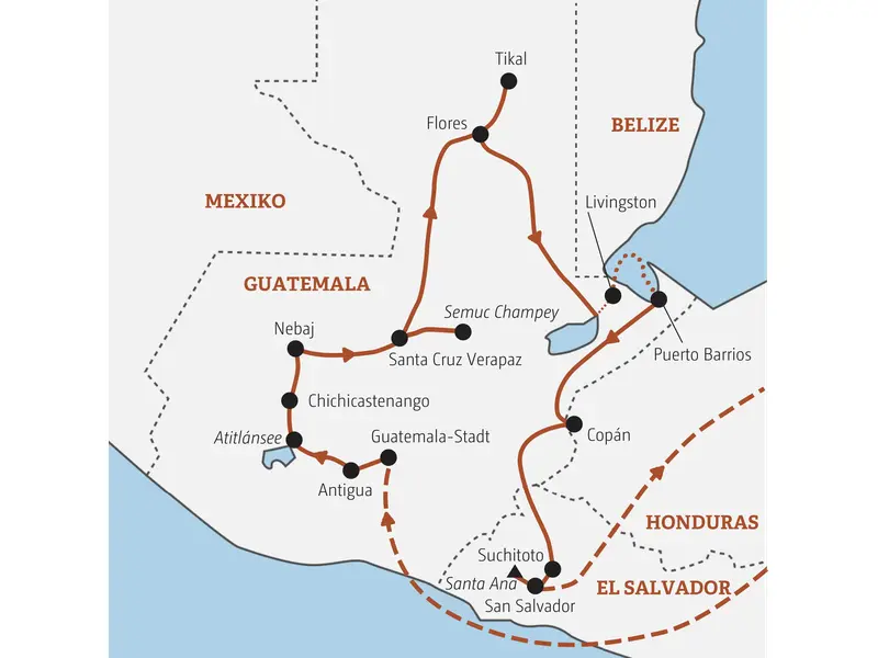 Karte der geführten Rundreise durch Guatemala, Honduras und El Salvador mit Stopps in Antigua, Tikal, am Atitlánsee und in Copán.