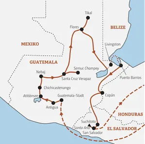 Karte der geführten Rundreise durch Guatemala, Honduras und El Salvador mit Stopps in Antigua, Tikal, am Atitlánsee und in Copán.