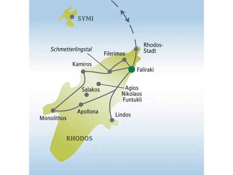 Karte der Studiosus Singlereise auf Rhodos, die die Route von Faliraki zu Highlights wie Rhodos-Stadt, Lindos und Kamiros zeigt.