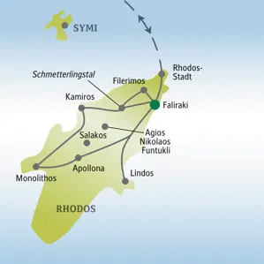 Karte der Studiosus Singlereise auf Rhodos, die die Route von Faliraki zu Highlights wie Rhodos-Stadt, Lindos und Kamiros zeigt.