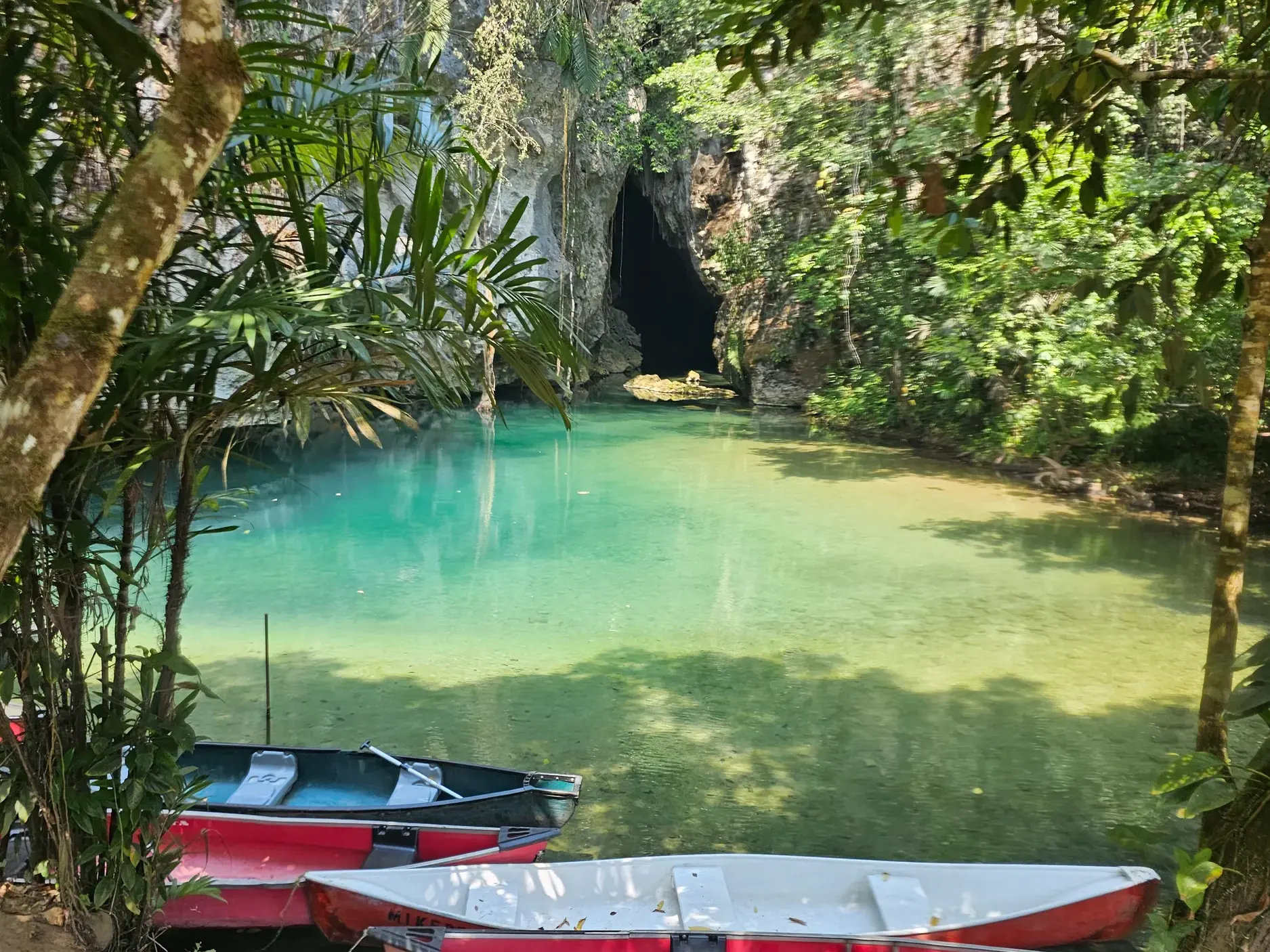 Türkisfarbenes Wasser vor dem dunklen Eingang der Barton Creek Cave in Belize, die von üppiger tropischer Vegetation umgeben ist.