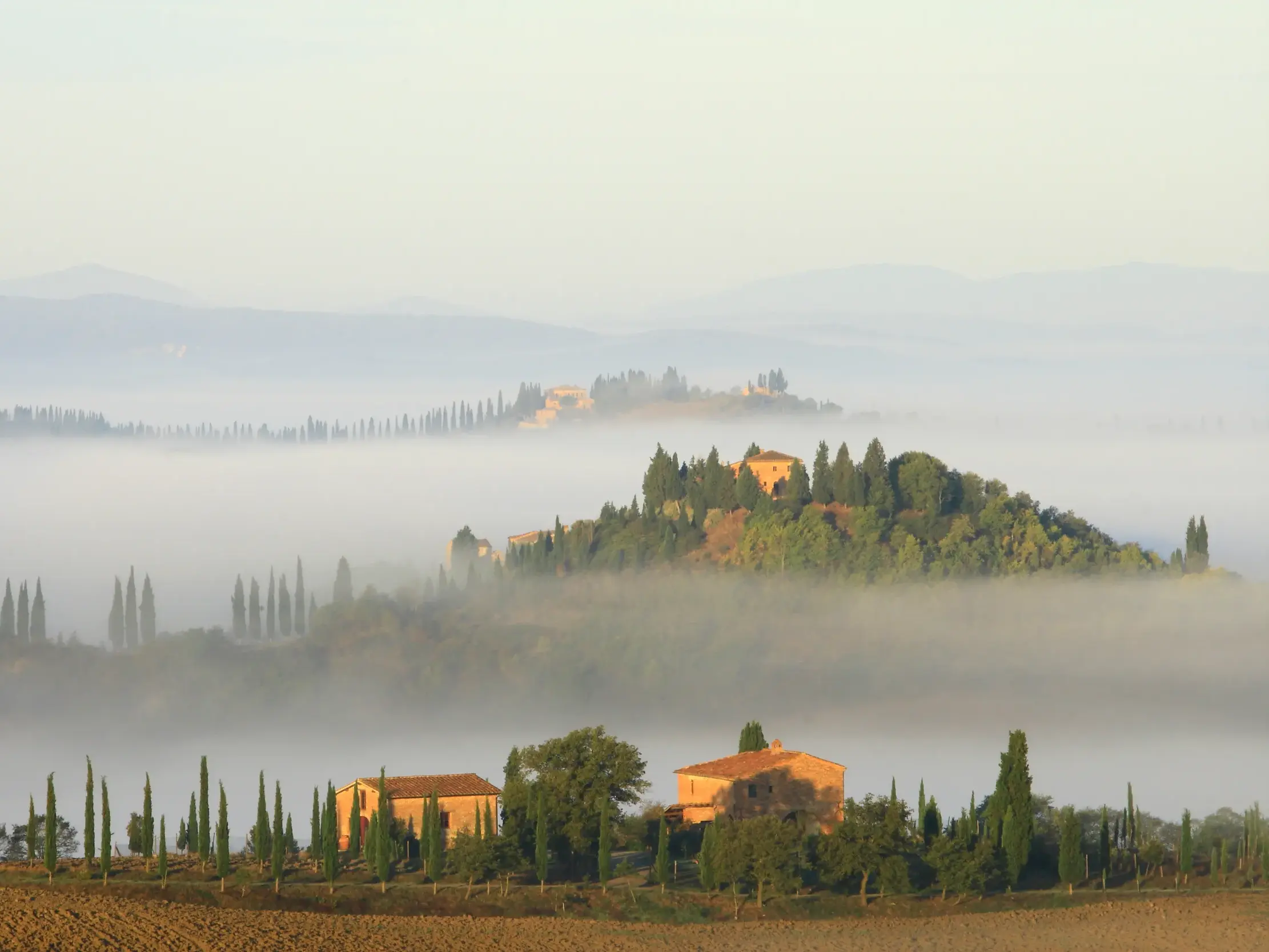 Malerische Hügellandschaft im Val d'Orcia, Toskana. Landhäuser und Zypressen ragen aus dem dichten Morgennebel hervor.