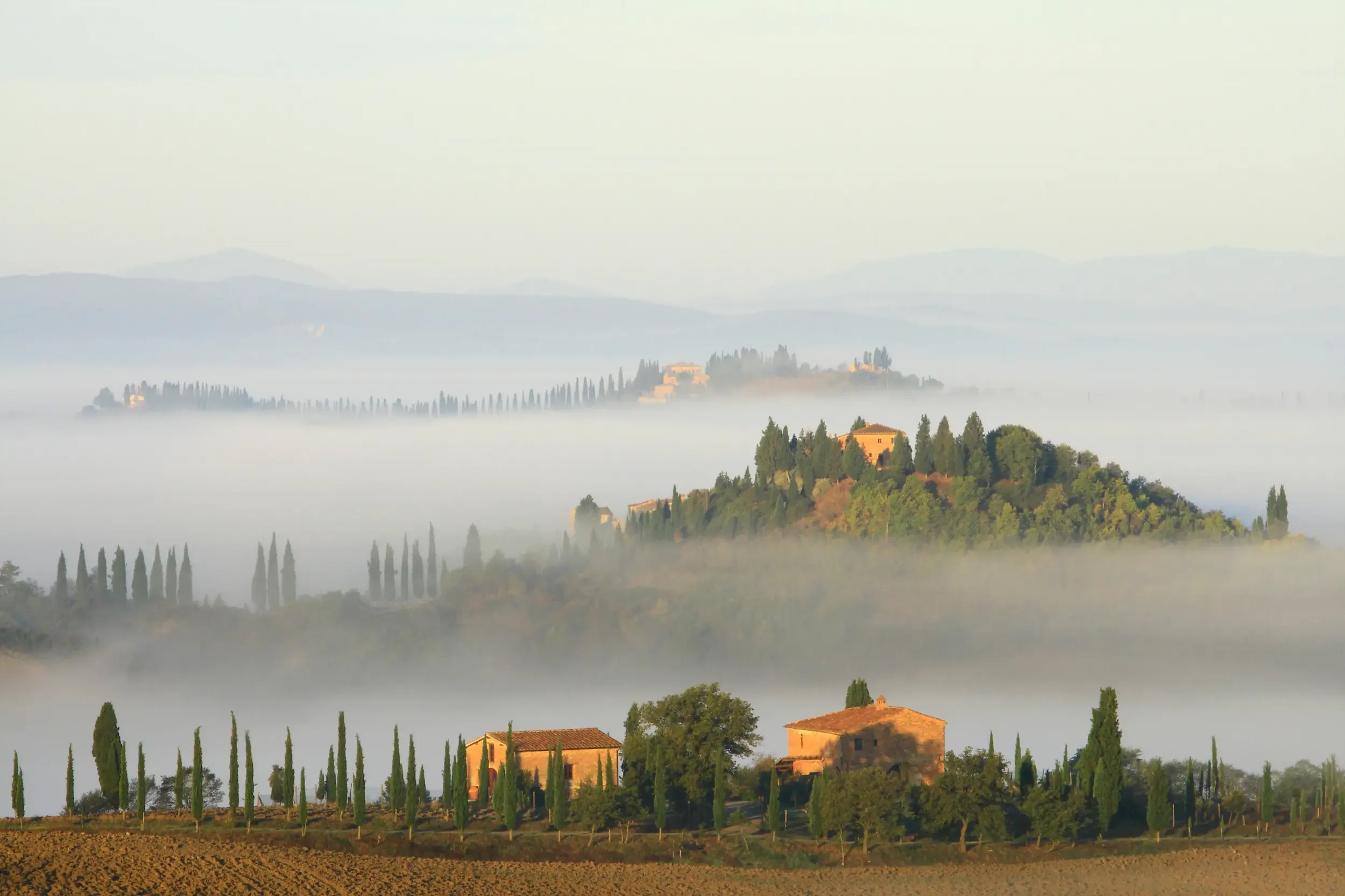 Malerische Hügellandschaft im Val d'Orcia, Toskana. Landhäuser und Zypressen ragen aus dem dichten Morgennebel hervor.