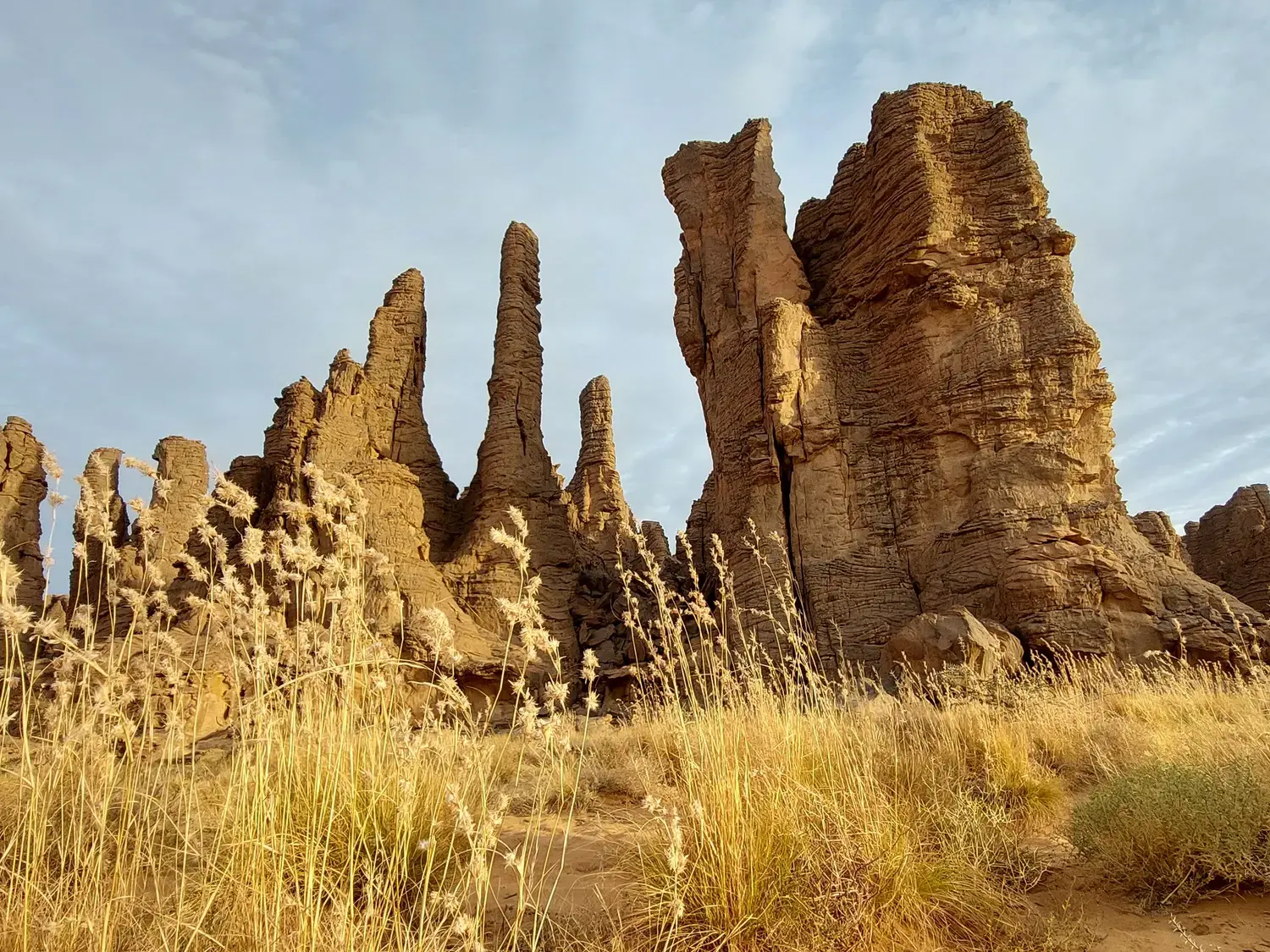 Bizarr geformte Felstürme aus Sandstein beim Trekking im Tassili n'Ajjer Nationalpark in der algerischen Sahara.