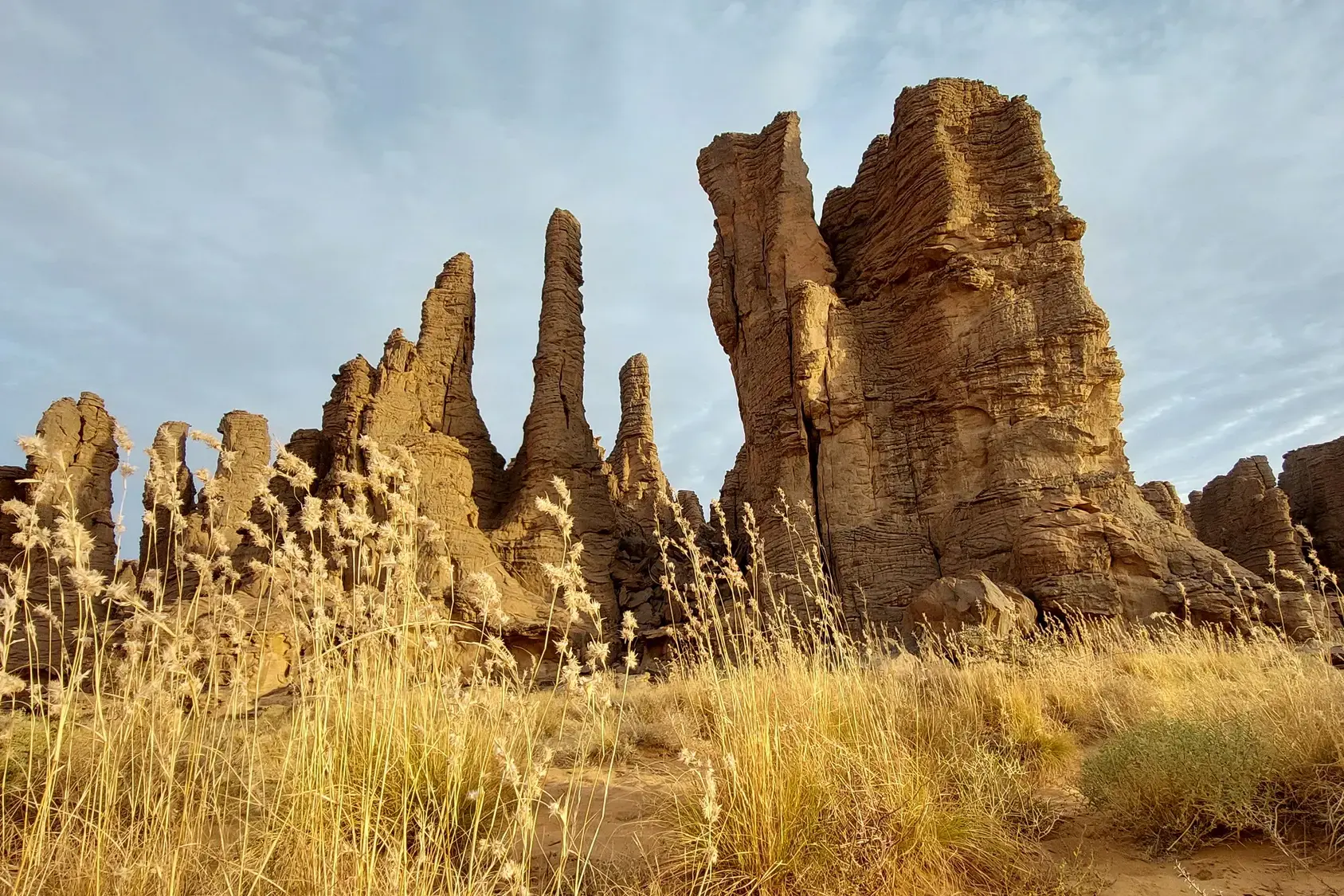 Bizarr geformte Felstürme aus Sandstein beim Trekking im Tassili n'Ajjer Nationalpark in der algerischen Sahara.