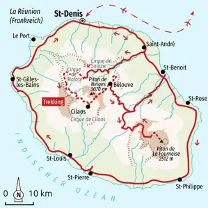Karte unserer Trekkingreise auf La Réunion, die von St-Denis durch die Cirques Mafate und Cilaos zum Vulkan Piton des Neiges führt.