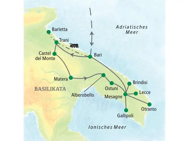 Karte der Studiosus-Rundreise durch Apulien und die Basilikata mit der Route von Trani über Bari, Matera, Lecce und Gallipoli.