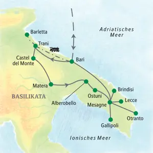 Karte der Studiosus-Rundreise durch Apulien und die Basilikata mit der Route von Trani über Bari, Matera, Lecce und Gallipoli.