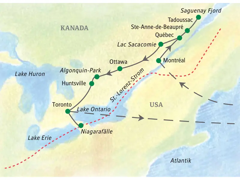 Route der geführten Rundreise in Ostkanada: Montréal, Québec, Ottawa, Algonquin-Park, Toronto und Niagarafälle.