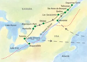 Route der geführten Rundreise in Ostkanada: Montréal, Québec, Ottawa, Algonquin-Park, Toronto und Niagarafälle.