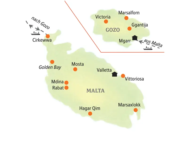 Reiseroute der Studienreise auf Malta & Gozo. Karte mit den Stationen Valletta, Hagar Qim, Mdina, Mosta und Victoria.
