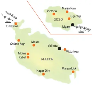 Reiseroute der Studienreise auf Malta & Gozo. Karte mit den Stationen Valletta, Hagar Qim, Mdina, Mosta und Victoria.