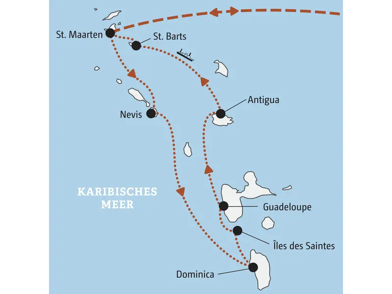 Karte der Segelreise durch die Kleinen Antillen mit der Route von St. Maarten über Nevis, Dominica, Guadeloupe und Antigua.