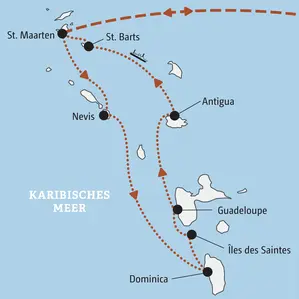 Karte der Segelreise durch die Kleinen Antillen mit der Route von St. Maarten über Nevis, Dominica, Guadeloupe und Antigua.