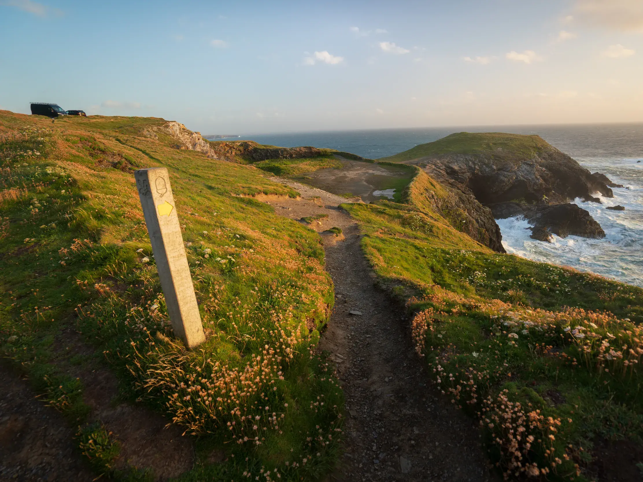 Wegweiser am South West Coast Path, der sich bei Sonnenuntergang durch die blühende Küstenlandschaft Cornwalls schlängelt.