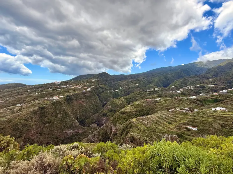 Panoramablick beim Wandern über die grünen, terrassierten Schluchten, die Barrancos, im Norden von La Palma mit vereinzelten Häusern.