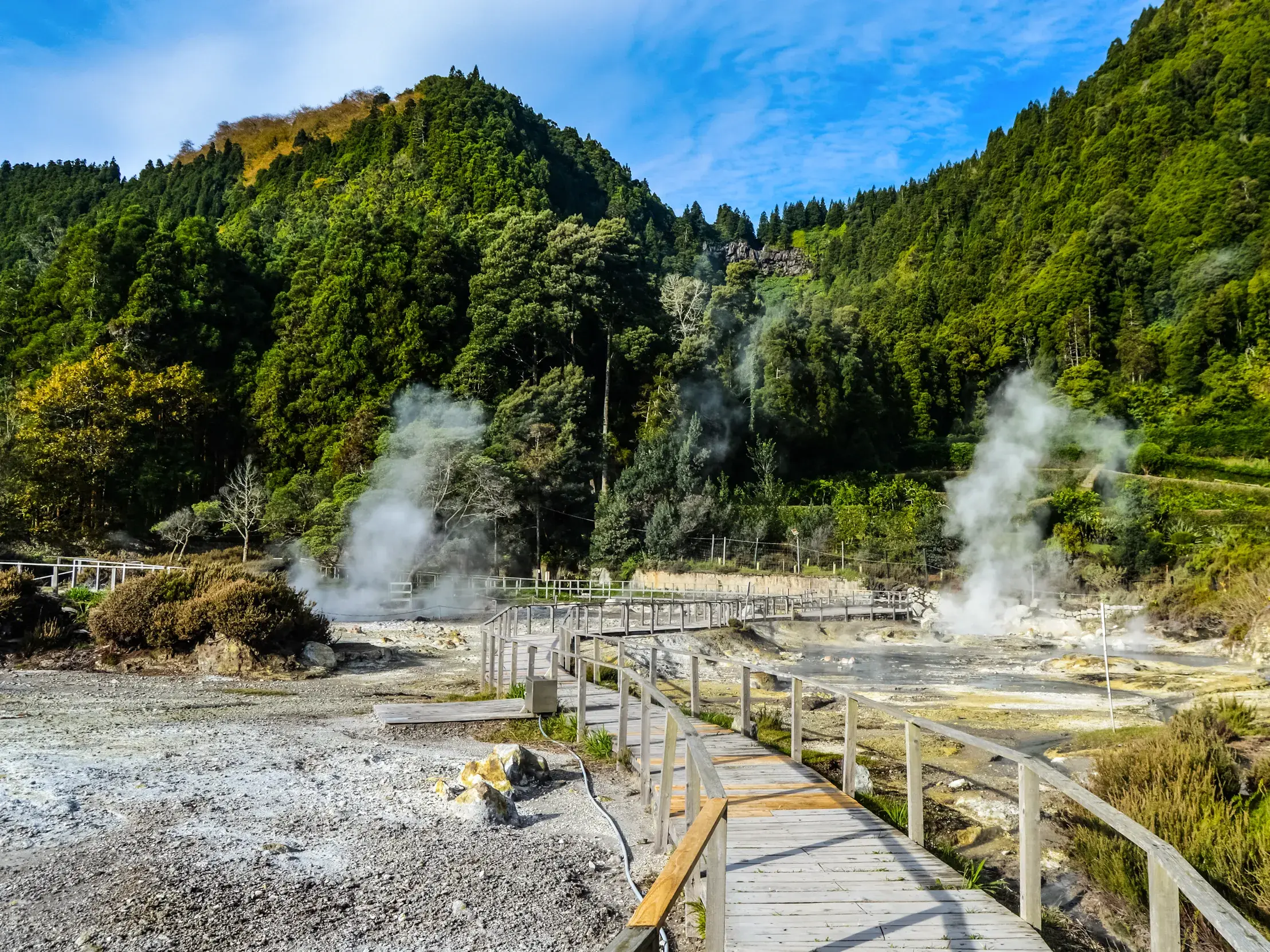 Ein Holzsteg führt durch das Geothermalfeld bei Furnas auf Sao Miguel, wo heißer Dampf aus Fumarolen aufsteigt.