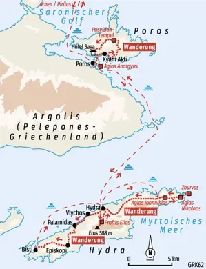 Routenverlauf der Wanderreise in Griechenland, die von Athen zu den Inseln Poros und Hydra mit eingezeichneten Wanderungen führt.