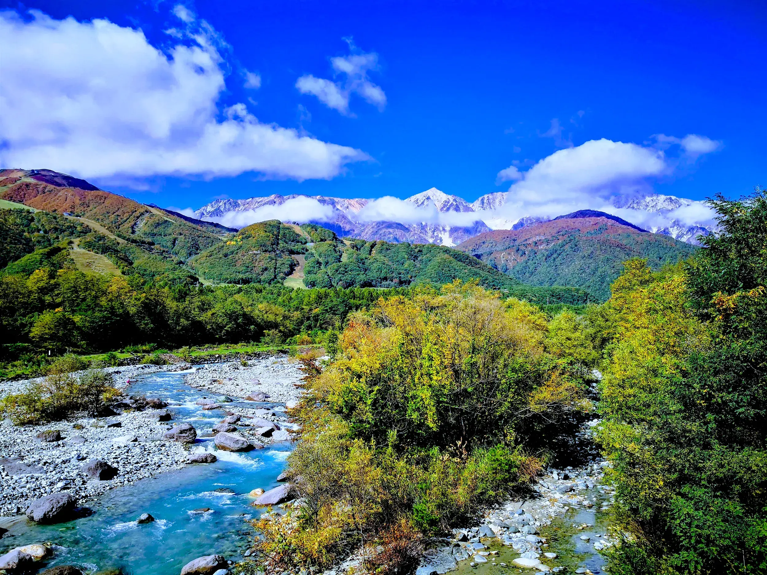 Türkisfarbener Gebirgsfluss im Herbstlaub vor der Kulisse der schneebedeckten Japanischen Alpen bei einer Wanderung in Hakuba.