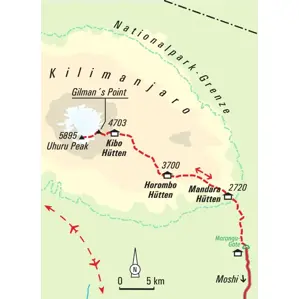 Karte der Marangu-Route am Kilimanjaro von Moshi über die Mandara-, Horombo- und Kibo-Hütten zum Uhuru Peak und zurück.