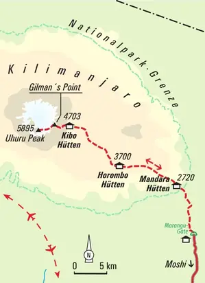 Karte der Marangu-Route am Kilimanjaro von Moshi über die Mandara-, Horombo- und Kibo-Hütten zum Uhuru Peak und zurück.