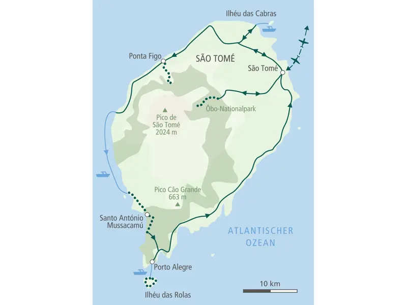 Karte der Hauser Wanderreise auf São Tomé. Die Route umrundet die Insel von der Hauptstadt über Ponta Figo und Porto Alegre.