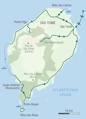 Karte der Hauser Wanderreise auf São Tomé. Die Route umrundet die Insel von der Hauptstadt über Ponta Figo und Porto Alegre.