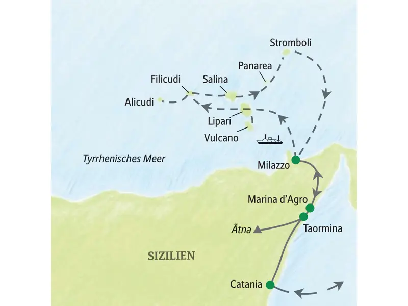 Karte der Studienreise in Sizilien: Route von Milazzo über die Äolischen Inseln wie Lipari, Saina und Stromboli bis zum Ätna und Taormina.