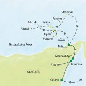 Karte der Studienreise in Sizilien: Route von Milazzo über die Äolischen Inseln wie Lipari, Saina und Stromboli bis zum Ätna und Taormina.