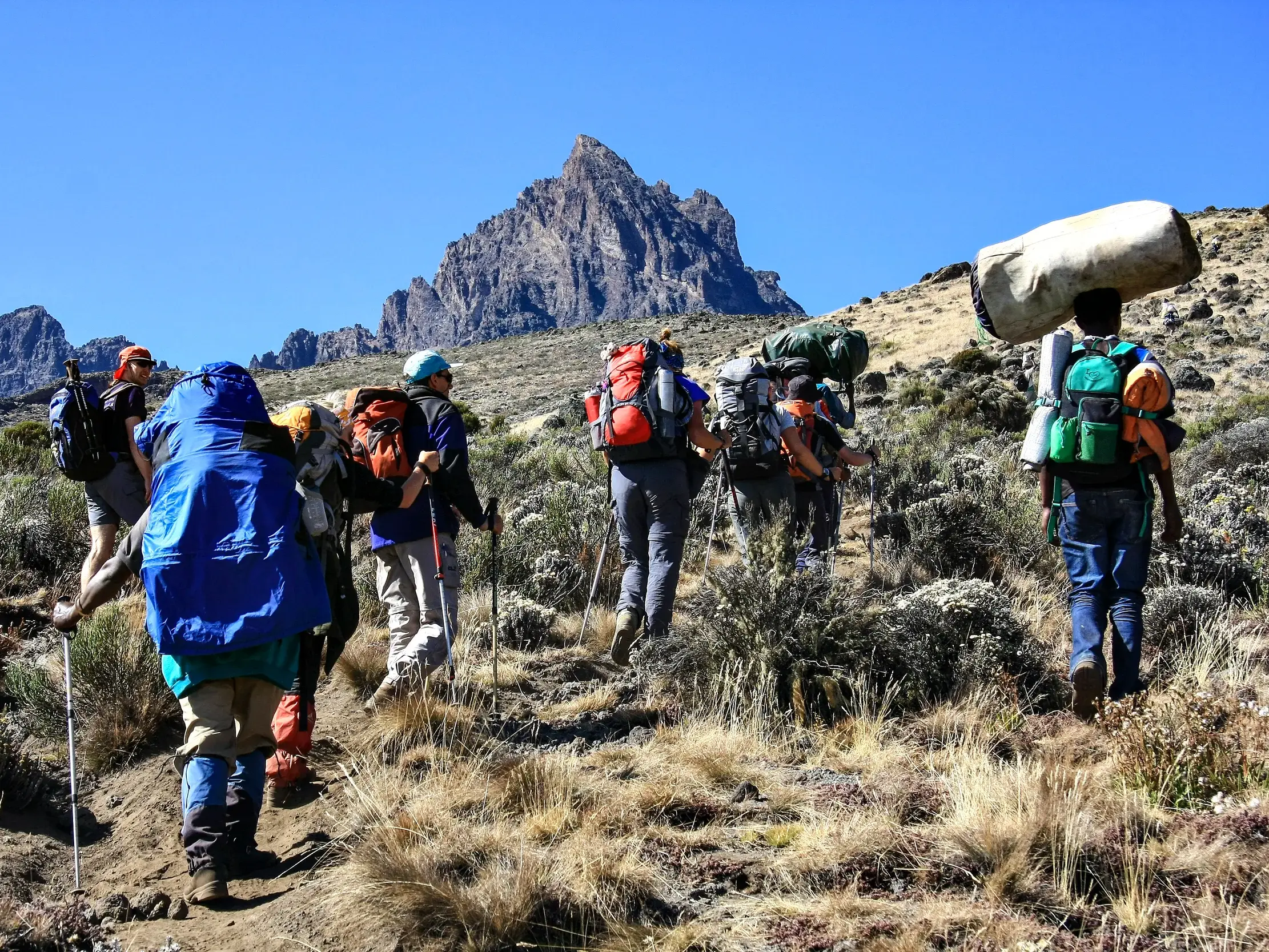 Eine Trekking-Gruppe mit Trägern wandert auf der Kikelewa-Route am Kilimanjaro mit Blick auf den Mawenzi-Gipfel.