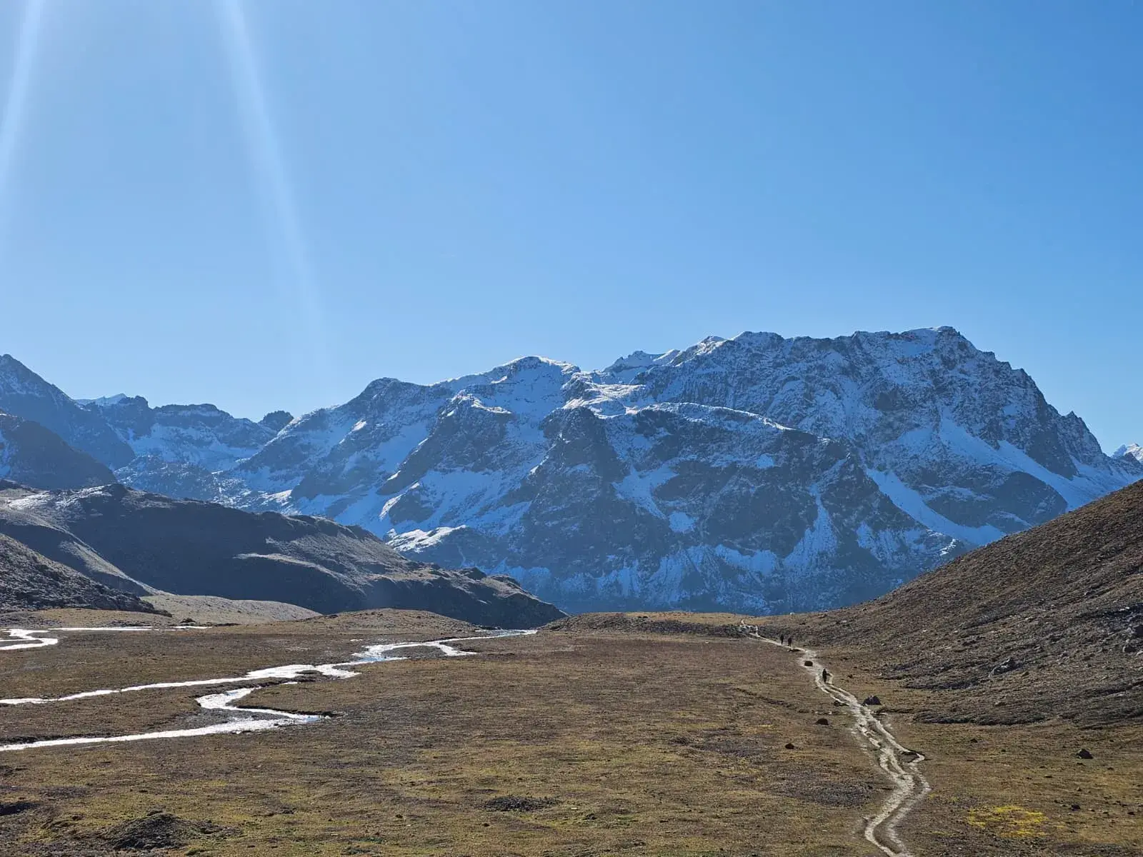 Wandergruppe auf einem Trekkingpfad durch ein weites Hochtal in den Graubündner Alpen mit schneebedecktem Bergpanorama.