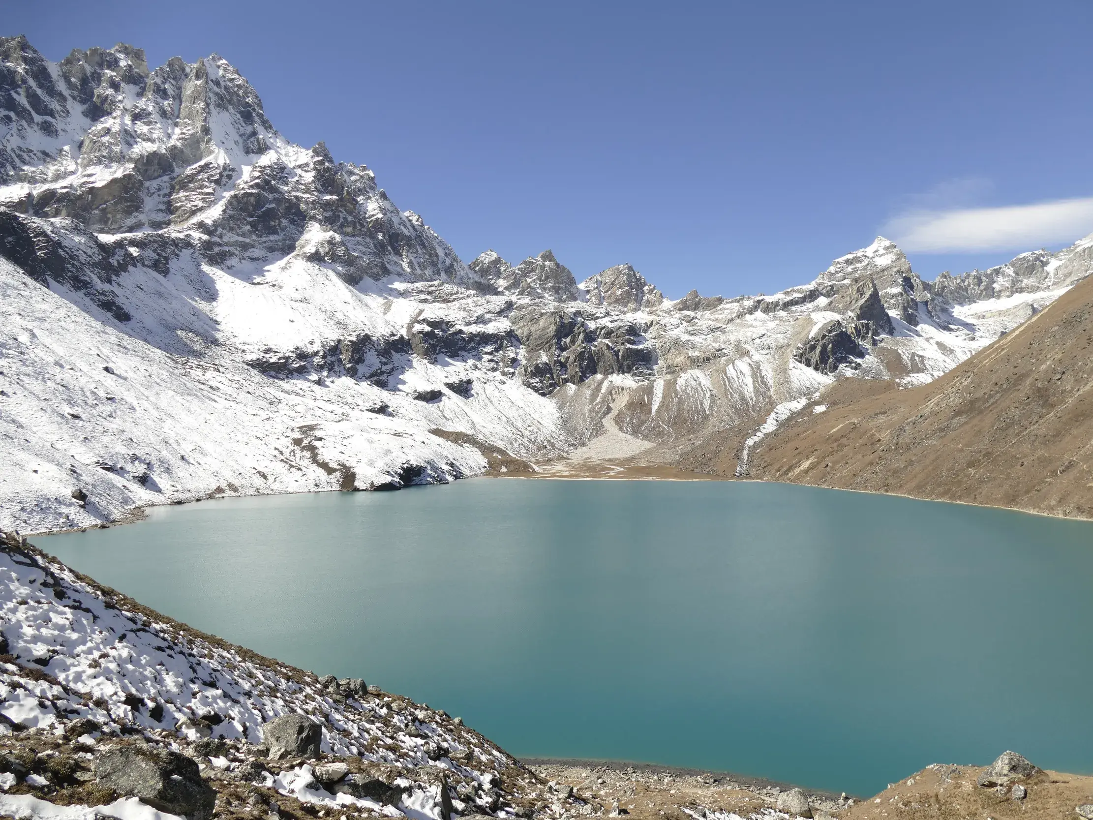 Panoramablick auf den türkisen Gokyo-See in der Khumbu-Region Nepals, umrahmt von hohen, schneebedeckten Himalaya-Gipfeln.