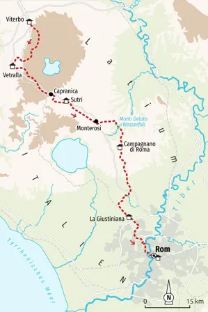 Karte unserer Trekkingreise auf der Via Francigena von Viterbo über Sutri und Campagnano di Roma bis nach Rom in Italien.