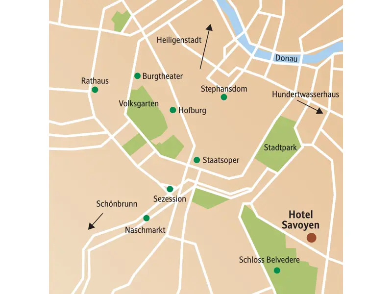 Übersichtskarte der Studiosus Städtereise Wien: Lage des Hotels und Sehenswürdigkeiten wie Hofburg, Schönbrunn und Belvedere.