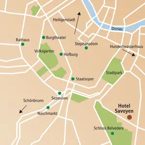 Übersichtskarte der Studiosus Städtereise Wien: Lage des Hotels und Sehenswürdigkeiten wie Hofburg, Schönbrunn und Belvedere.