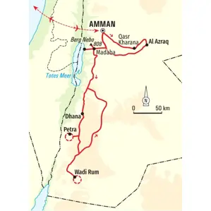 Karte der Hauser Wanderreise in Jordanien: Route von Amman über Madaba, Petra und Wadi Rum bis zum Toten Meer.