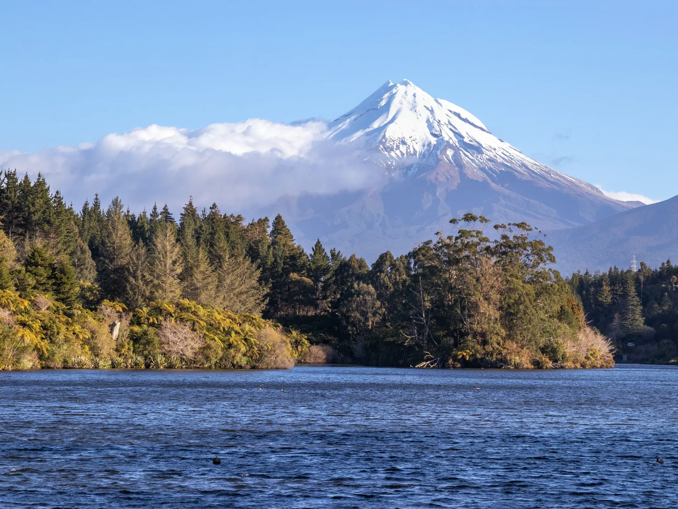 Majestätischer Vulkan Mount Taranaki mit Schneekappe über einem See im Taranaki Nationalpark auf einer Wanderreise in Neuseeland.