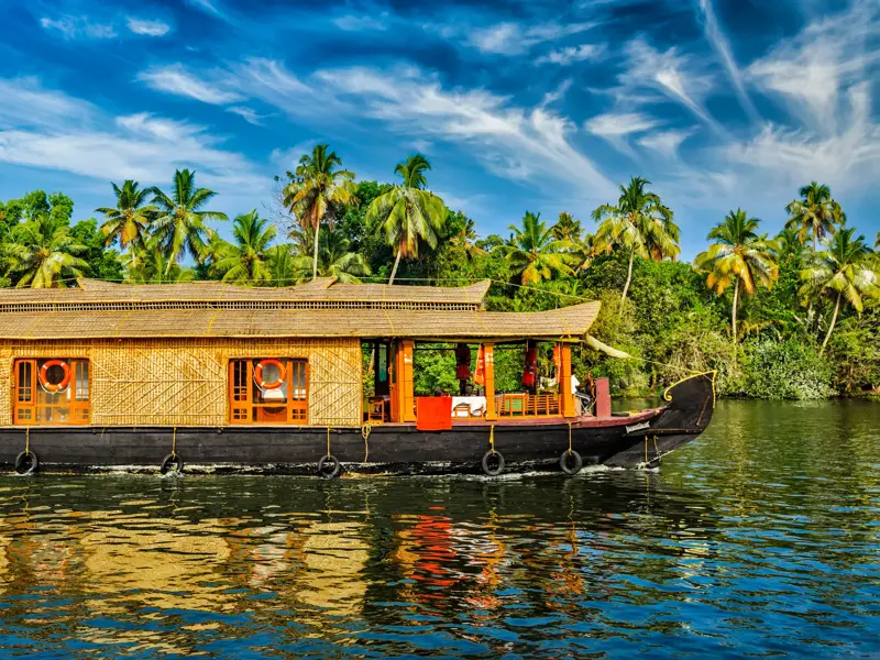 Ein traditionelles Hausboot gleitet auf den ruhigen Kanälen der Backwaters in Kerala vorbei an üppigen, grünen Palmenwäldern.